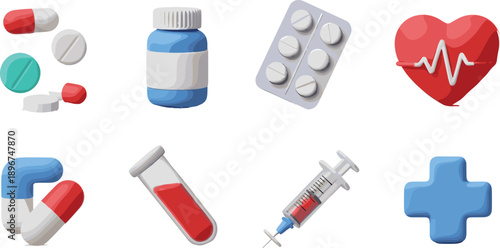 Medical Healthcare Icon Illustration Set with Pills, Capsules, Syringe, Heart Monitor, Medicine Bottle, and First Aid Symbols for Health Design