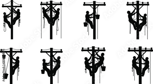 Electrical utility lineworker silhouette set featuring technicians repairing power lines on poles for energy maintenance electricity distribution and industrial infrastructure vector