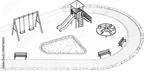 A top-down view of a classic playground, showcasing a delightful scene. Including swings, slides, a sandbox, and benches, inviting the joy of childhood.