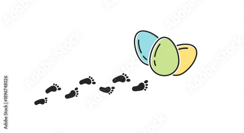 Colorful easter eggs with bare footprints leading to them on a white background symbolizing easter egg hunt