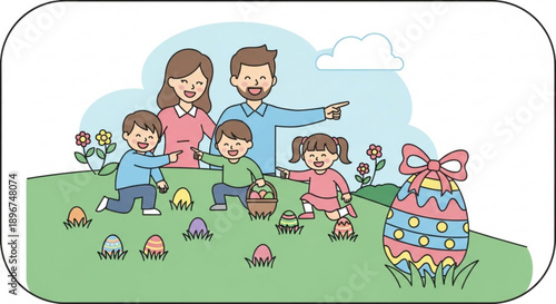 Happy family with children collecting easter eggs in a green meadow on a sunny day with a large decorated egg