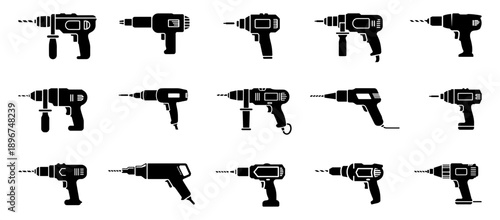 Power tool drill machine silhouettes collection, various styles, flat vector style, vector illustration style.