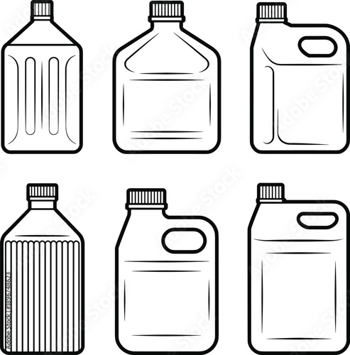 Set of plastic canister and gallon bottle icons for chemical liquid detergent oil and engine coolant packaging design and industrial vector