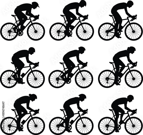 Set of professional road cyclist silhouettes in action poses for bicycle race competition training fitness triathlon outdoor sports and active lifestyle vector