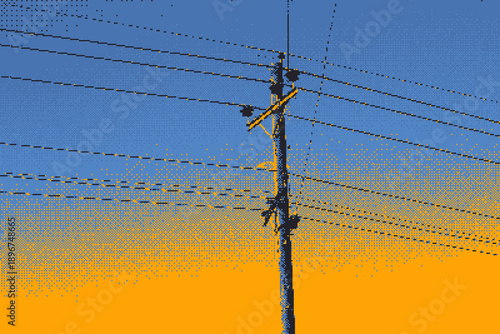 Halftone power pole with electric wires against blue sky and warm yellow horizon