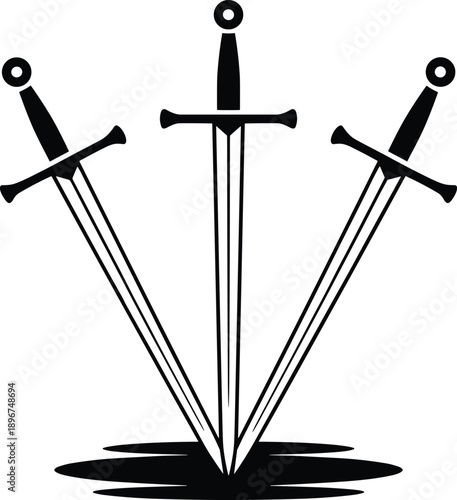 Set of three medieval knight swords with sharp blades and crossguard hilt for historical battle warfare defense armor and ancient weapon vector