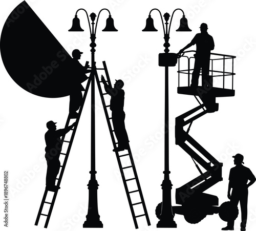 Technicians repairing street lamps using ladders and cherry picker lift for urban maintenance city infrastructure lighting service and electrical work vector