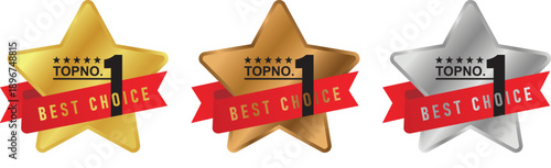 Top number 1 best choice badge with star and red ribbon shape. For icon, logo, label, seal, tag, sign, symbol, stamp, sticker, emblem. Vector Illustration