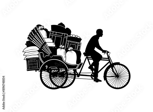 Man Riding Overloaded Cycle Rickshaw Silhouette Vector Art