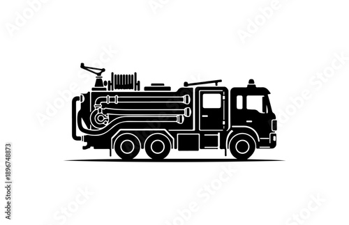 Black and White Vector Fire Truck Silhouette Illustration