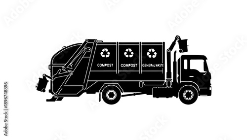 Black Vector Waste Collection Truck with Compost and General Waste Labels