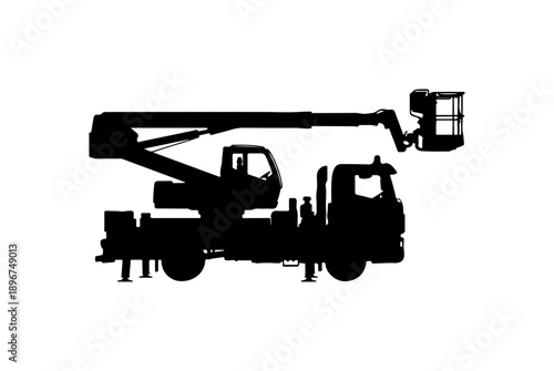 Black and White Vector Silhouette of Cherry Picker Truck with Extended Arm