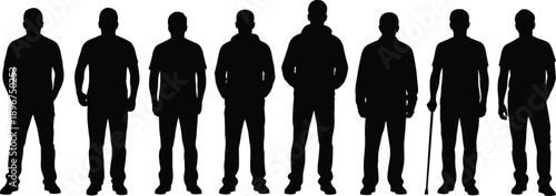 Male silhouette age progression set showing different life stages from young to elderly man in black vector style for people illustration