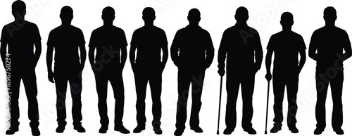 Men silhouette age progression set showing young adult to senior man standing in black vector style for people, health and life stages illustration