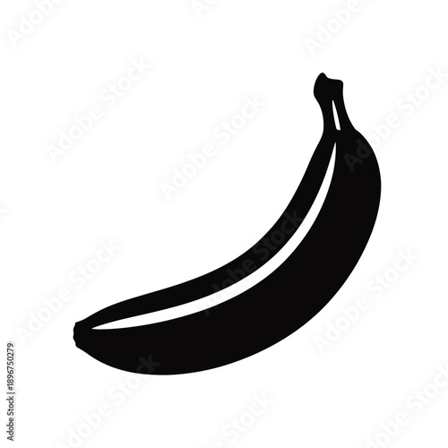 Black silhouette of a single banana isolated on white background