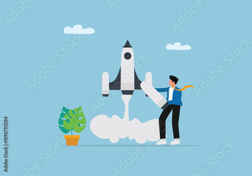 Digital Illustration of Rocket Launch, Innovation, Ambition, Startup Growth, Business Success, and New Project Development Concept for Modern Technology and Creative Entrepreneurship