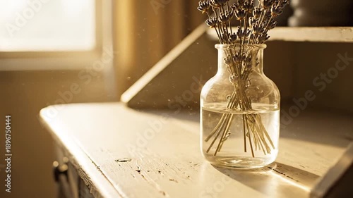 A clear glass vase with dried flowers sits on a weathered wooden surface, bathed in warm sunlight