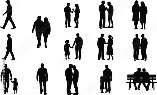 People silhouette interaction set showing walking, talking, couples and families in black vector style for social life, relationships and lifestyle illustration
