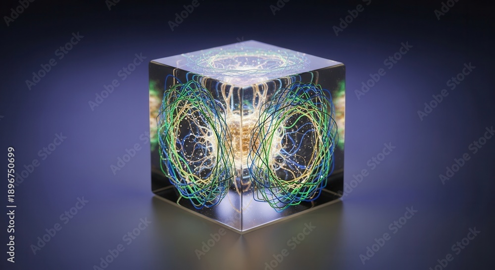 Obraz premium Intricate luminous abstract light patterns contained within a crystal clear cube showcasing