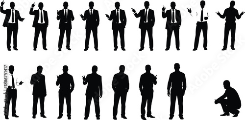 Businessman silhouette gesture set showing professional men presenting, pointing and communicating in black vector style for corporate presentation and business design illustration