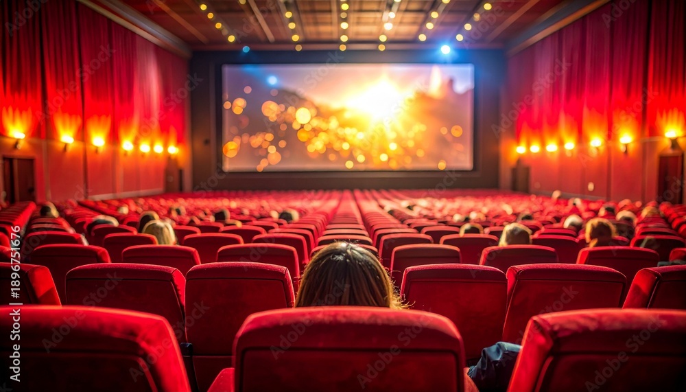 Fototapeta premium Cinema auditorium with red seats and audience watching movie