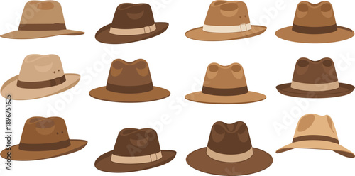 Classic Fedora Hat Vector Set with Stylish Brown and Beige Headwear Designs for Fashion Illustrations, Accessories Branding, and Vintage Style Graphics