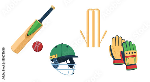 Cricket equipment illustration including bat ball helmet wickets and gloves