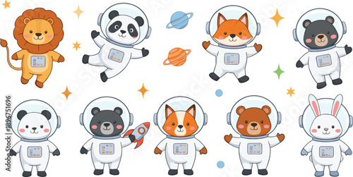 Cute Astronaut Animal Character Vector Set with Lion, Panda, Fox, Bear, and Rabbit in Space Suits for Kids Illustrations and Fun Sci-Fi Designs