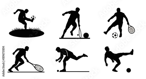 silhouettes of people playing various sports with rackets and balls