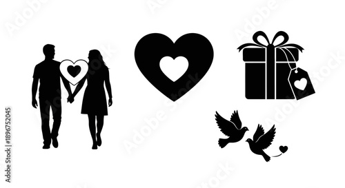 black silhouettes of love symbols and couple on white background