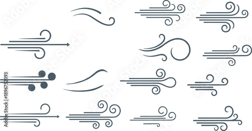 Wind and Breeze Line Icon Vector Set with Swirling Air Flow Symbols for Weather Forecasts, Motion Effects, and Nature Graphic Designs