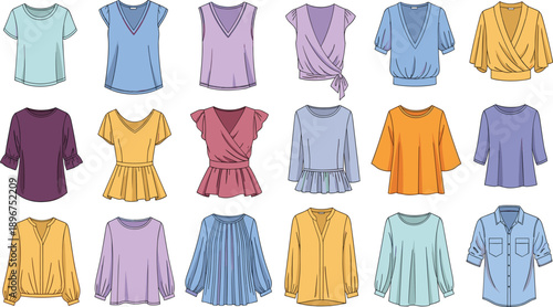 Women Blouse and Shirt Vector Set with Casual Tops in Various Styles for Female Fashion Design, Apparel Catalogs, and Clothing Illustrations