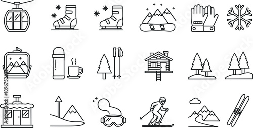 Winter Sports and Ski Resort Line Icon Set with Snowboarding, Skiing, Equipment, Cabins, Mountains, and Cold Weather Activities Outline Vector Collection