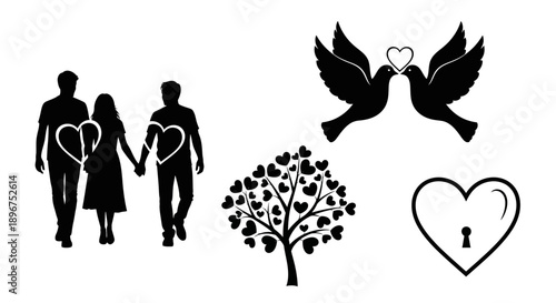 black silhouettes of love and relationships with hearts