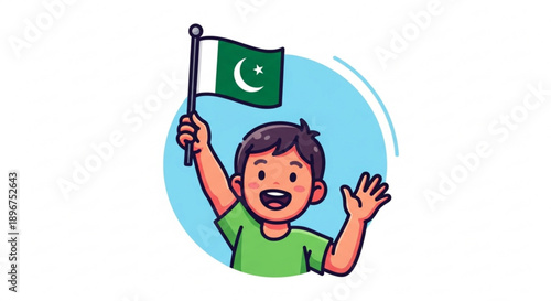 Cheerful pakistani boy waving national flag with joy and patriotism on independence day or celebration