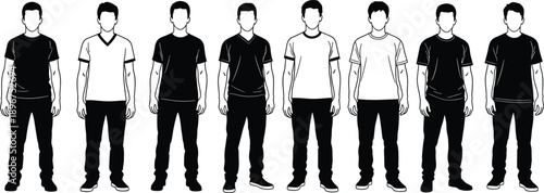 Male character silhouette set featuring standing men in casual outfits in black vector style for people, fashion and character design illustration