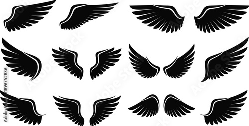 Angel wings silhouette collection featuring flying bird feather shapes in black vector style for logo, tattoo, fantasy and decorative design illustration