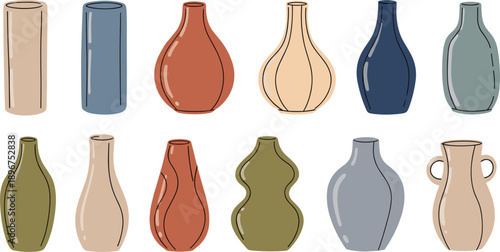 Decorative Ceramic Vase Illustration Set with Modern Minimal Pottery Shapes and Neutral Tones for Home Decor, Interior, and Floral Design