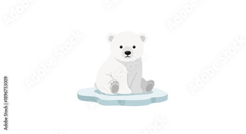 A cute polar bear sitting on a melting ice floe, symbolizing polar bear awareness and conservation efforts against climate change and global warming, in a minimalist vector illustration