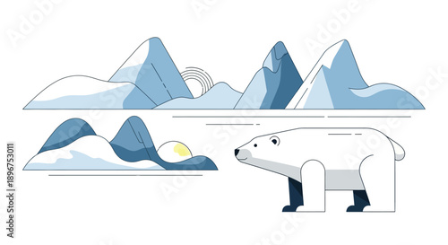 A stylized, flat vector illustration of a polar bear standing in front of a scenic Arctic landscape with mountains, ice, and snow for environmental campaigns and polar bear awareness
