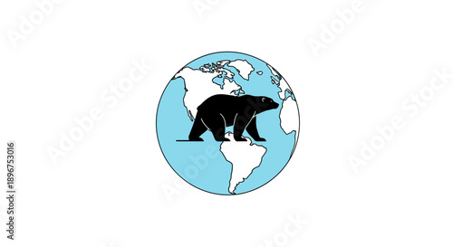 Vector illustration of a polar bear walking on a globe, symbolizing polar bear day and awareness of wildlife conservation and environmental protection against climate change.