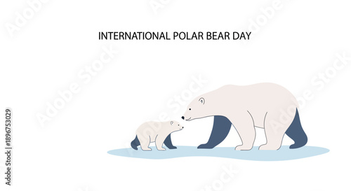 A mother polar bear and her cub on ice, symbolizing polar bear awareness and conservation on International Polar Bear Day, with a flat, minimalist vector illustration style and a white