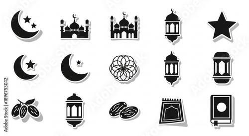 Ramadan icons set including mosques lanterns crescent moon and dates on white background