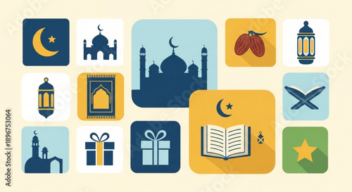 Collection of islamic symbols and icons including mosques crescent moons lanterns dates and holy books in various colors and styles on a beige background