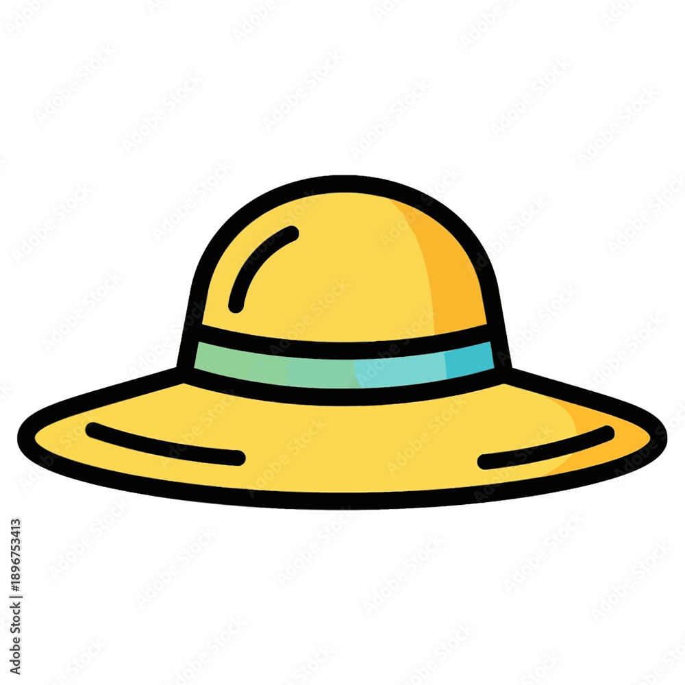 Fototapeta premium A simple, flat illustration of a yellow sun hat with a light blue band.