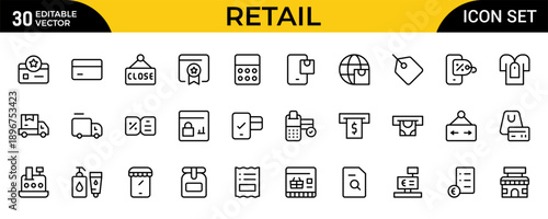 Retail Industry Line Icon Set – Professional Modern Minimalist Outline Icons Collection for Business, Commerce, Shopping and Sales, Premium Quality Vector Illustration