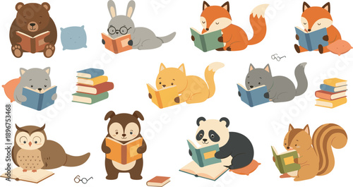 Cute Animals Reading Books Illustration Set with Woodland Characters Studying and Learning for Kids Education, Library, and Storybook Designs