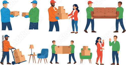Moving and Furniture Delivery Service Illustration Set with Workers Carrying Boxes, Sofa, and Household Items for Relocation and Logistics Designs