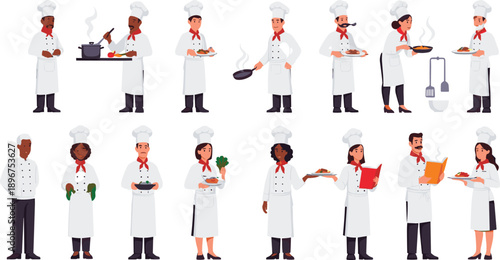 Professional Chef and Kitchen Staff Character Illustration Set with Cooks Preparing Food, Serving Dishes, and Working in Restaurant Environments