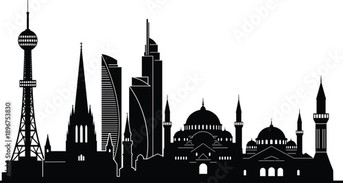 World city skyline silhouette with iconic towers mosques and skyscrapers in black vector style for travel, architecture and tourism design illustration